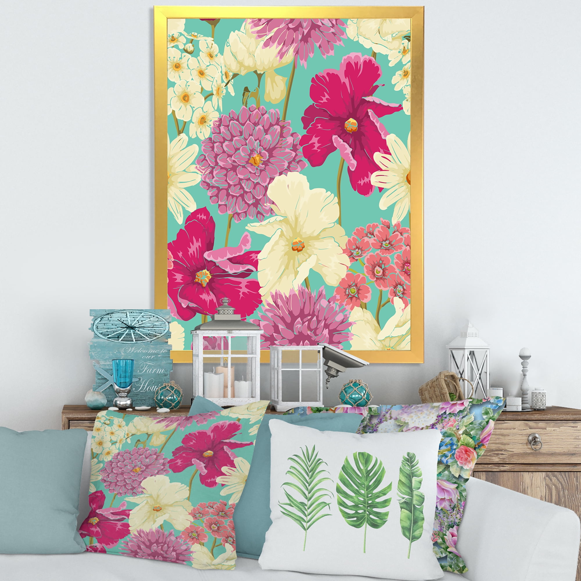 Designart 'Vintage Yellow and Pink Flowers' Traditional Framed Art Print