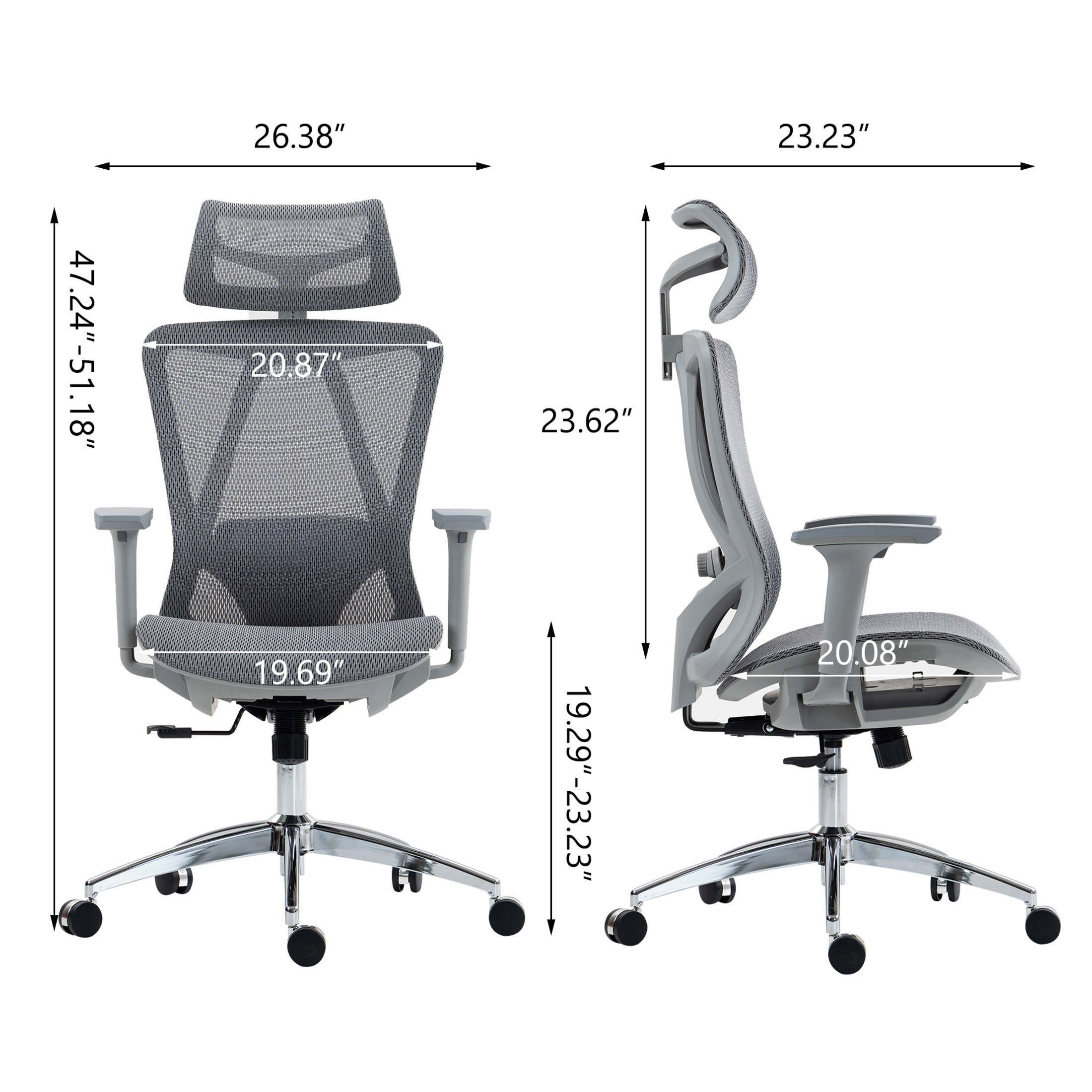 Noble House Fido 47" High Back Mesh Office Chair, Ergonomic Reclining Design with Adjustable Lumbar, Grey