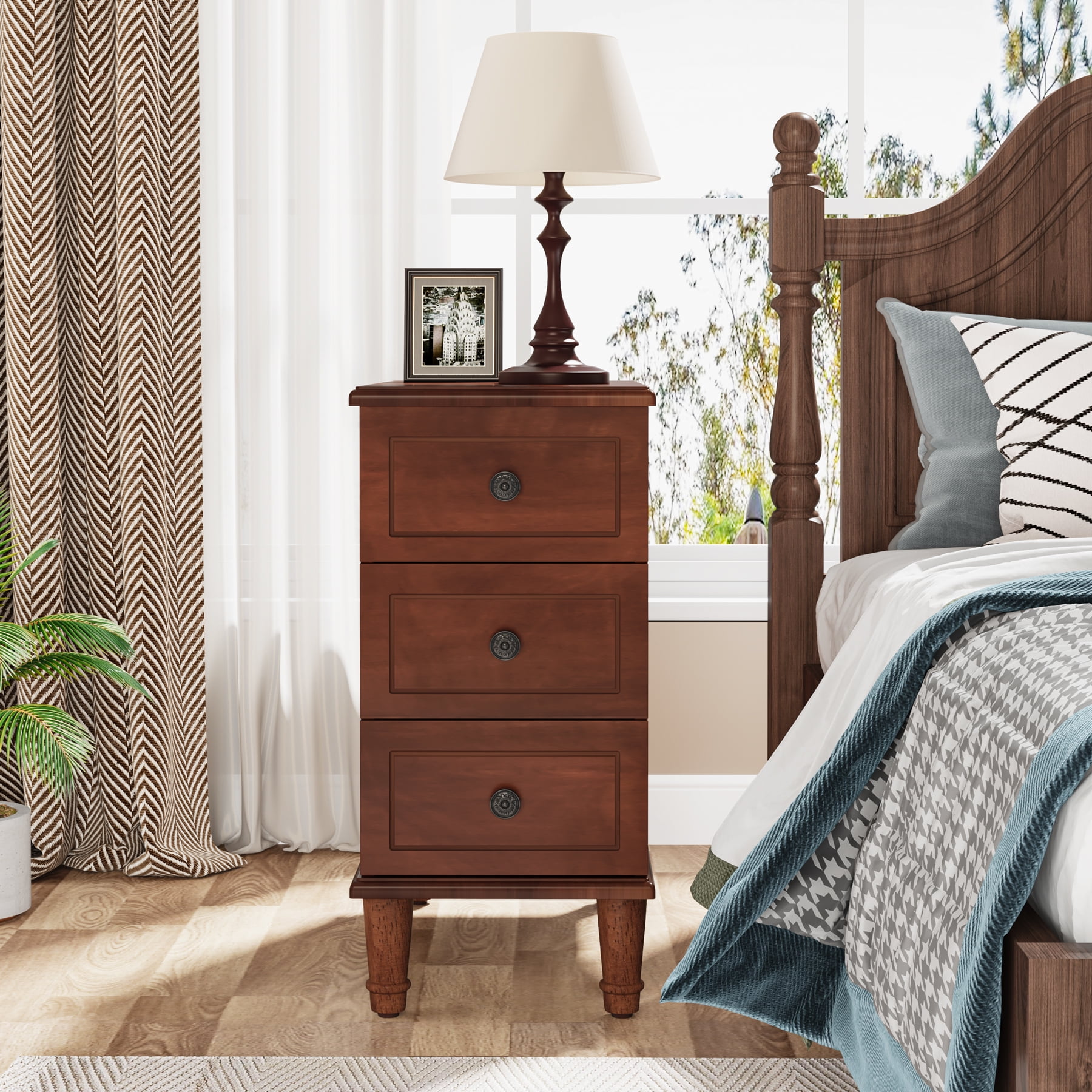 Tribesigns Wood End Table, Fully Assembled Narrow Side Table with 3 Drawers, Pre-Assembled Nightstand Slim Bedside Table for Small Spaces, Living Room, Bedroom