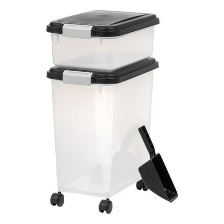 IRIS USA Airtight Food Storage Container Combo with Scoop for Pet, Dog, Cat and Bird Food, Black