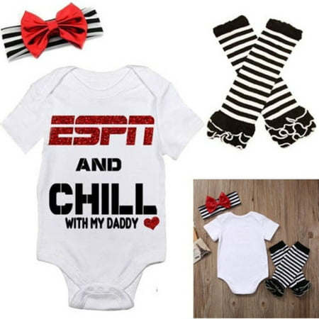 Baby Girls ESPN and Chill with My Daddy Bodysuit and Socks Outfit with Headband 3Pcs