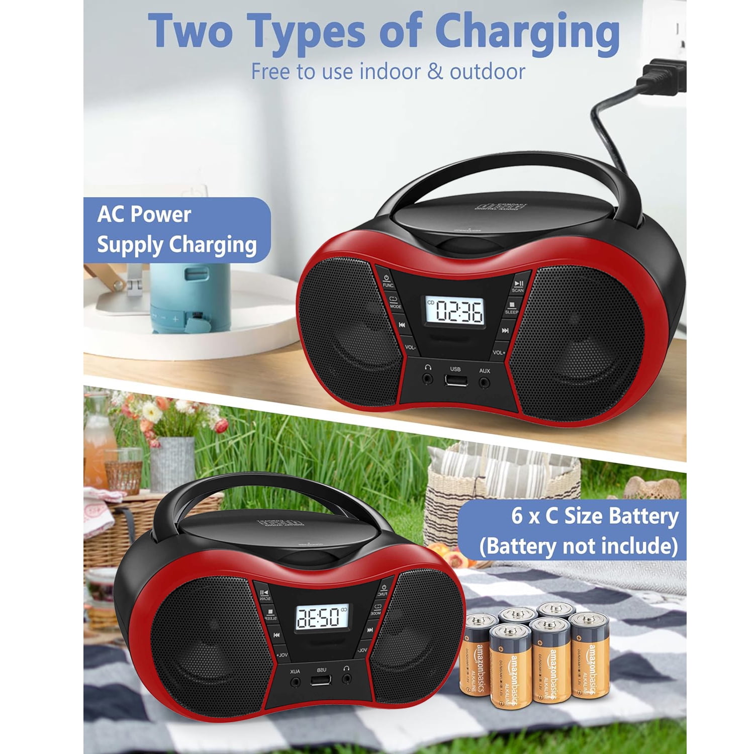 Portable CD Player Boombox with FM Radio,Bluetooth 5.1,Clear Sound,LCD Display,USB/AUX Input,AC/Battery Powered,CD/CD-R/CD-RW Compatible,3.5mm Headphone Jack,Sleep Timer for Home,Seniors,Kids Red