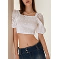 thumbnail image 6 of Gupgi Women's Off Shoulder Cropped Tops Lace Embroidery Short Puff Sleeve Show Navel T-Shirts, 6 of 8