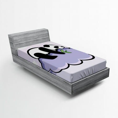 Panda Fitted Sheet Panda Bear Sleeping on Cloud in Starry Night Sky Children Cartoon Illustration Print, Soft Decorative Fabric Bedding, Lilac Black, by Ambesonne
