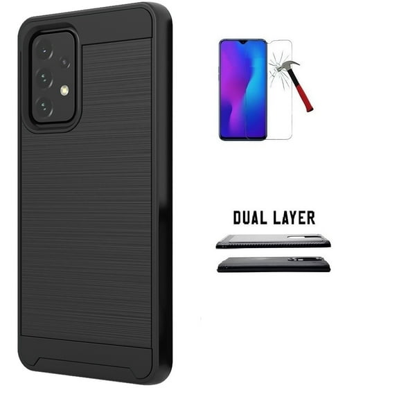 Phone Case for Samsung Galaxy A53 5G, Dual Layer Cover Case with Tempered Glass (Black)
