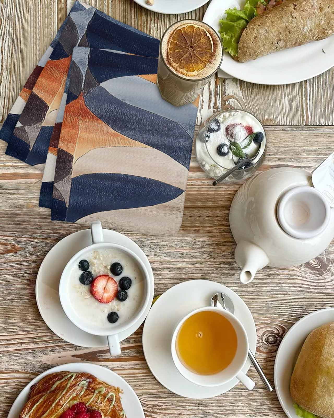 Navy Blue Burnt Orange Hand Towels Set, Waffle Weave Kitchen Towels 4 Pieces, Retro Geometric Abstract Microfiber Hair Face Bath Tea Towel Absorbent Quick Drying Cleaning Dish Cloths, 15.7"x23.6"
