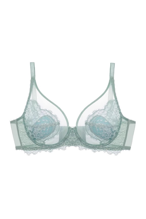 Women's Sheer Lace Underwire Bra V-Neck Adjustable Straps, Lightweight Breathable Elegant No Padded Bralette Mint Green XXL