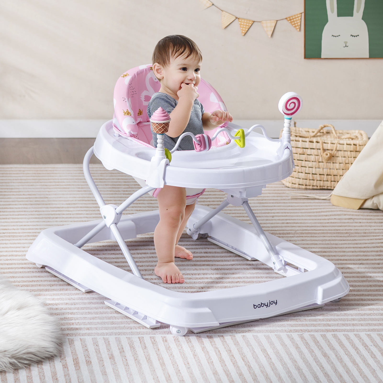 Babyjoy Foldable Baby Activity Walker with  Adjustable Height& Detachable Seat Cushion Pink