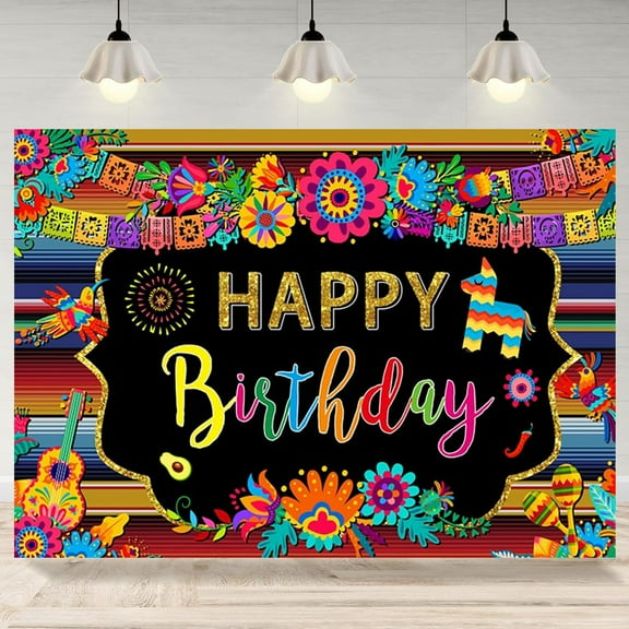 Mexican Fiesta Themed Happy Birthday Backdrop Mexico Cinco De Mayo Carnival Party Photography Background Colorful Paper Flowers Banner Cake Table Decor Photo Booth Props