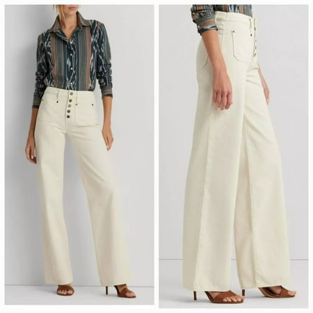Lauren Ralph Lauren Women's High Rise Wide Leg Full Length Jeans, Cream 14