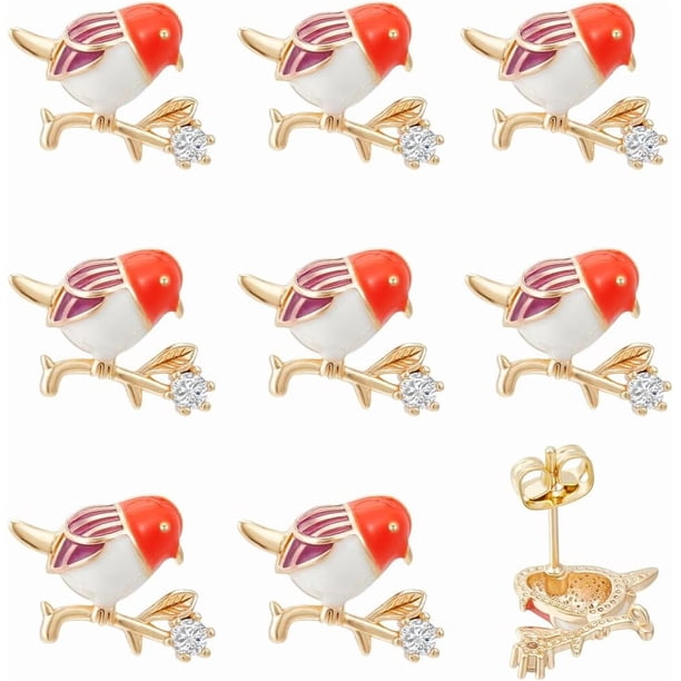 1 caja de 10 pendientes de pájaro chapados en oro de 18 quilates con circonita cúbica, con forma de animal volador, con aro colgante y 10 tuercas para pendientes.