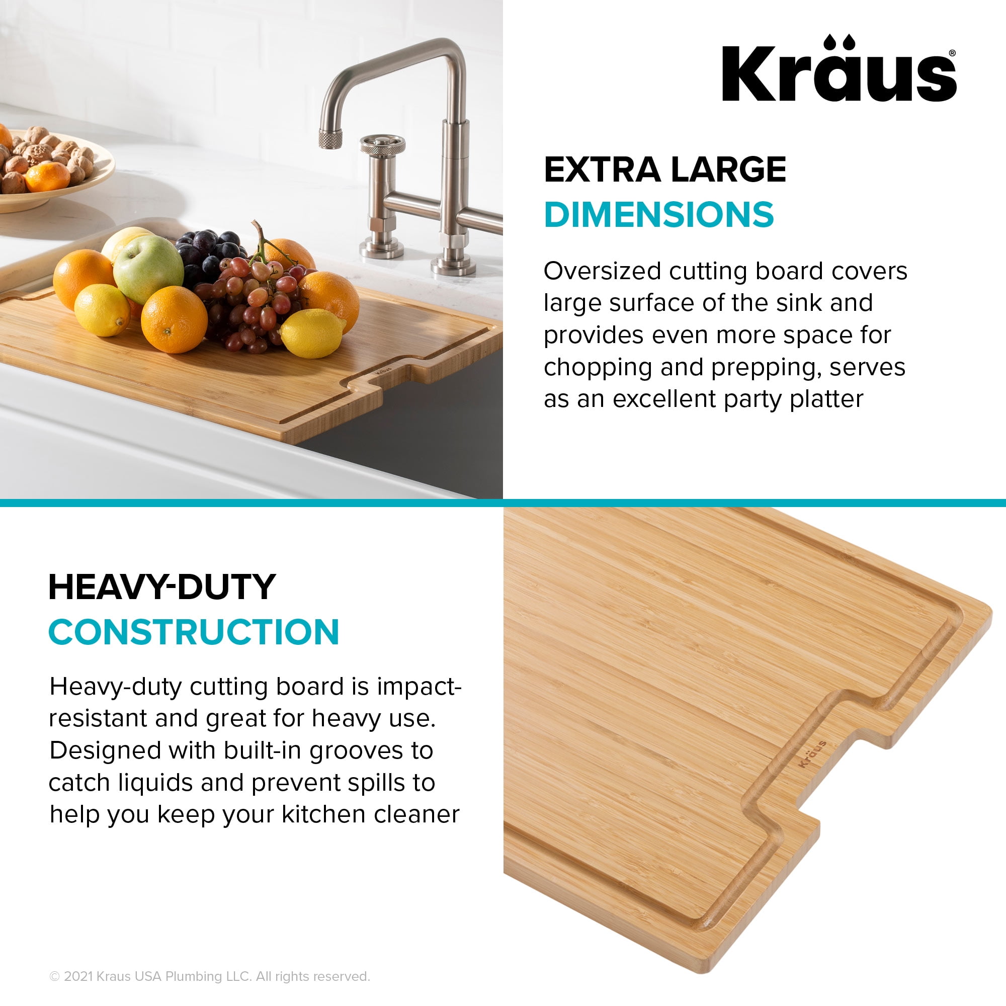 Kraus KCB-102BB Organic Solid Bamboo Cutting Board For Kitchen Sink 18.5 X  12