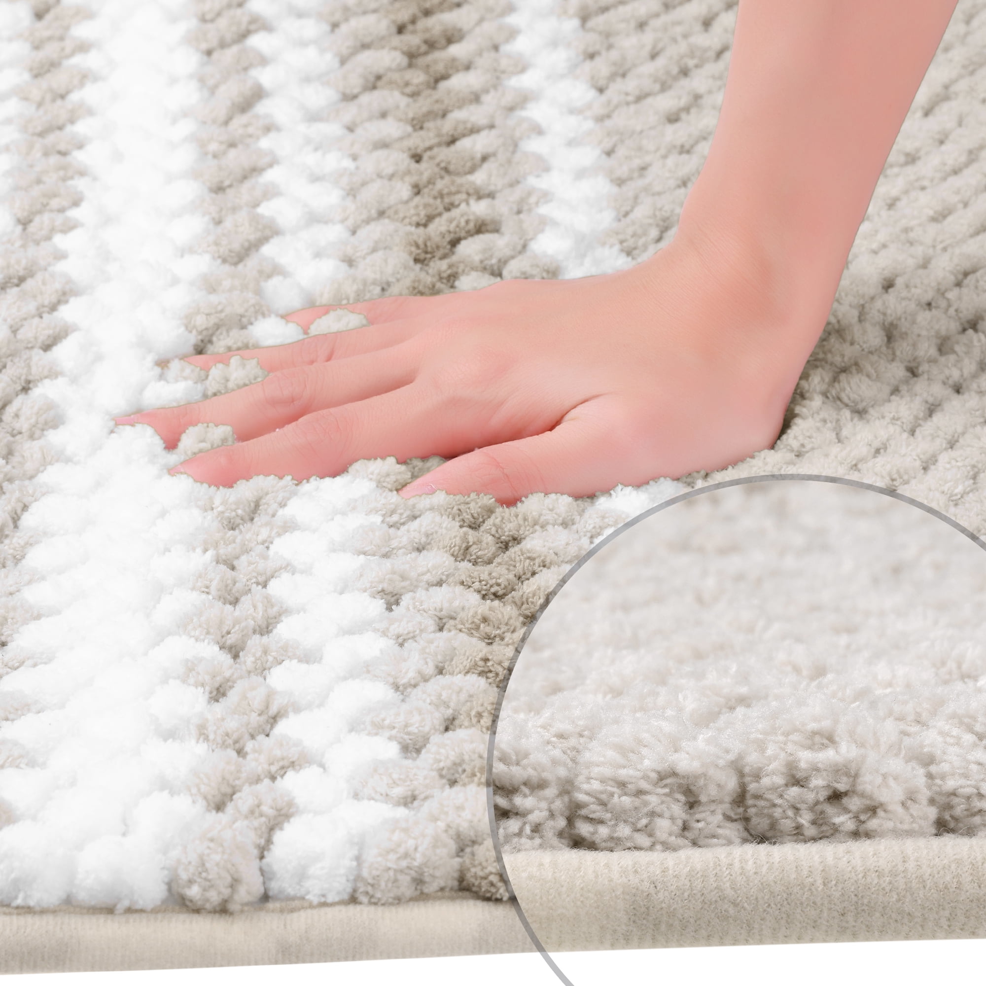 Unique Bargains 2 Pcs Soft Absorbent Fluffy Chenille Bath Mats Striped Non Slip Rugs Khaki 20" x 32"
