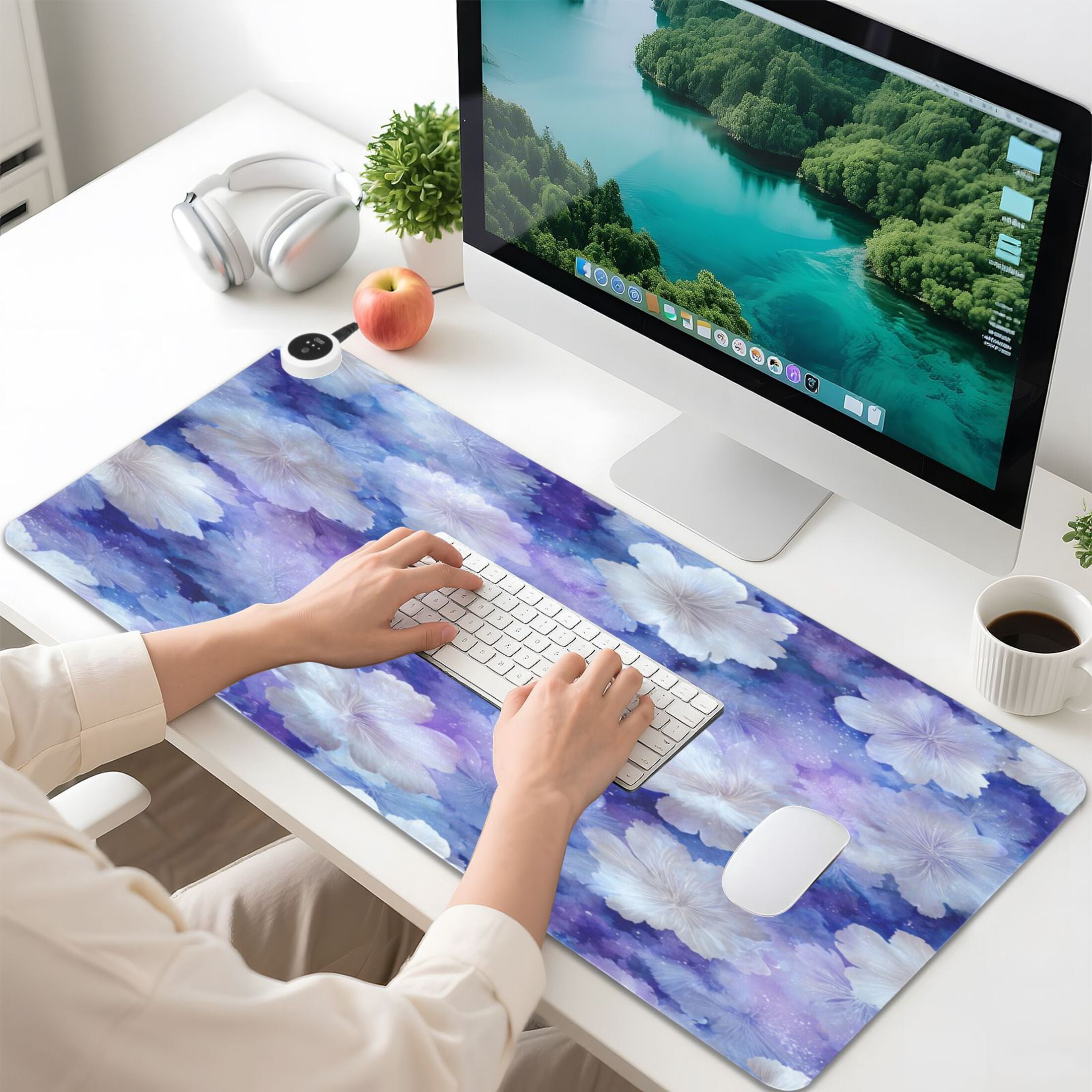 Large Heated Desk Mat Mouse Pad 31.5"x13"PU Leather Graphene Heating Desk Warmer with 3 Temperature Settings 110V US Plug Non-Slip Warm Pad for Home, Office, and Gaming Starry Watercolor Floral Print