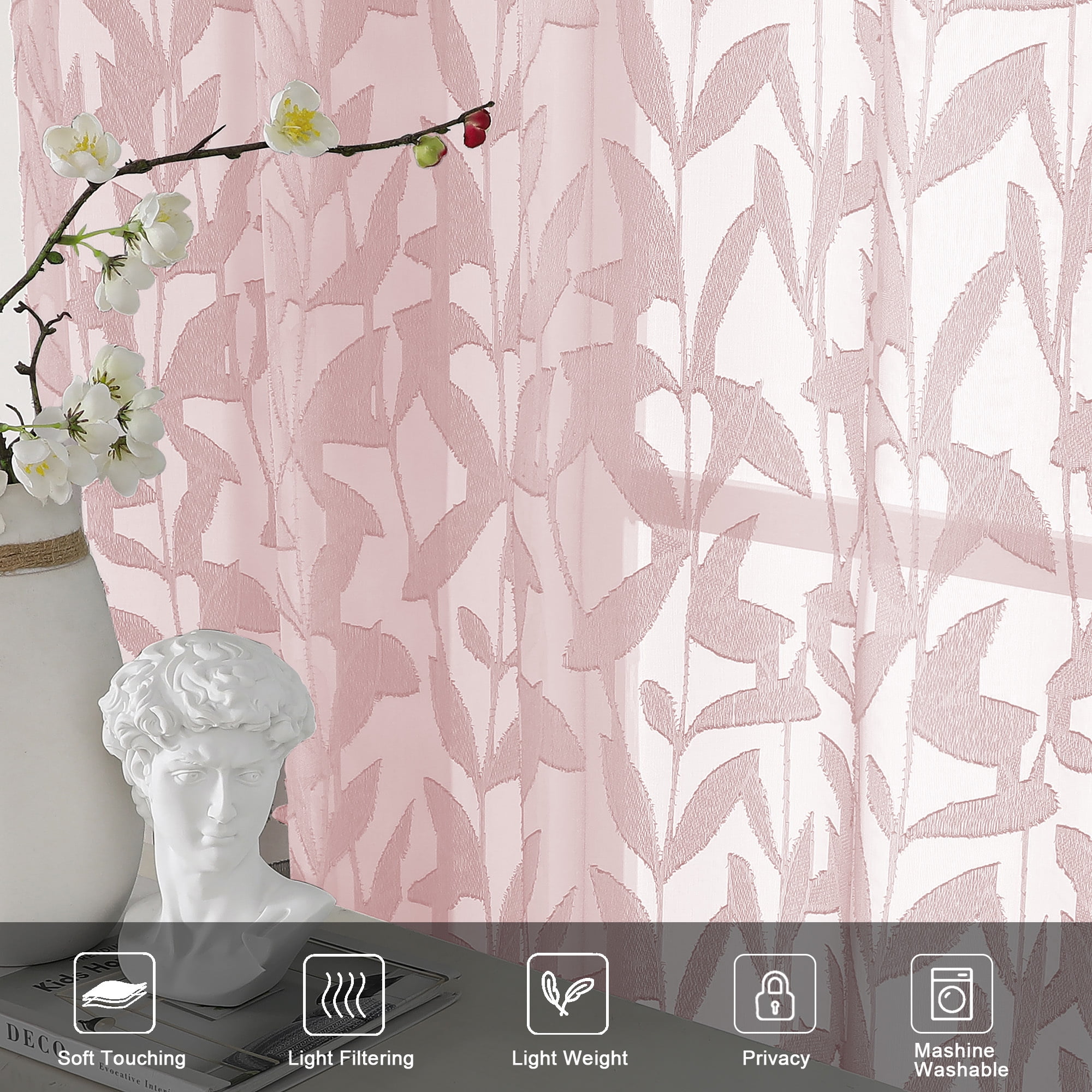 OVZME Leila Blush Pink Sheer Curtains 84 Inches Long 2 Panels Set, Light Filtering Leaves Jacquard Window Curtain Drapes for Living Room Bedroom, Each 40Wx84L Inch， Blush Pink