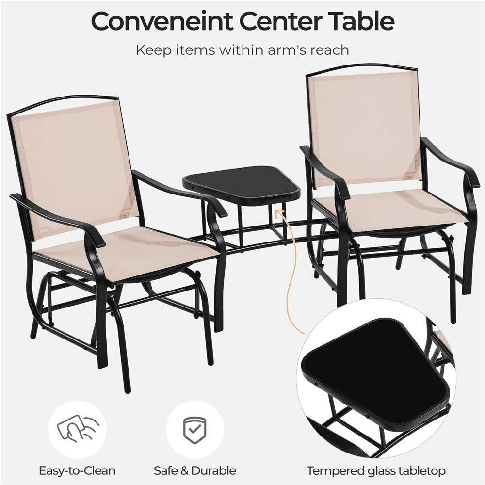 Alden Design 2-Person Texteline Patio Glider Chair W/ Table for Outdoor, Beige