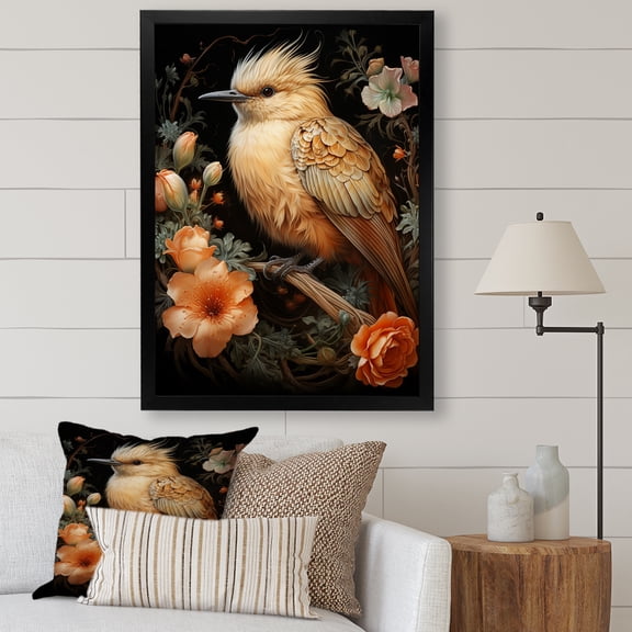 Designart "Springtime Bird Blooms with Hummingbird" Animals Framed Wall Art - Traditional Beige Bird Entryway Framed Wall Art Print