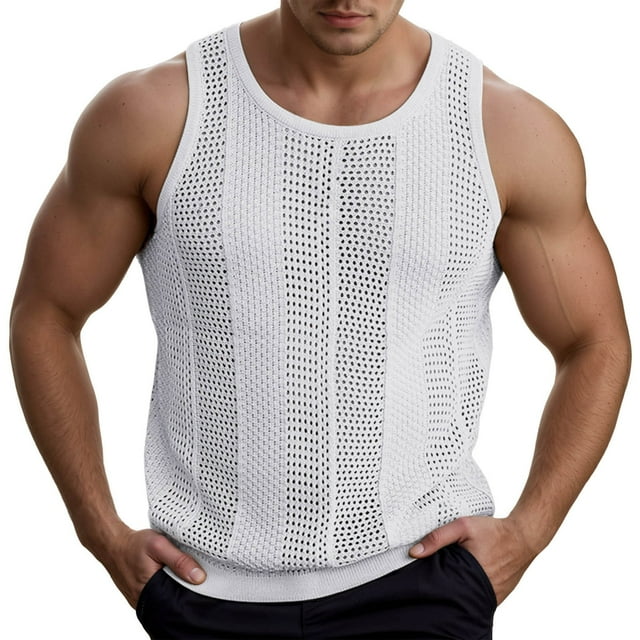 Zmoon Cardigan Sans Manches Ajusté en Tricot Creux pour Hommes
