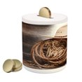 thumbnail image 1 of Western Piggy Bank, American West Rodeo Hat Traditional Ranching Robe on Wooden Ground Folk Art Photo, Ceramic Coin Bank Money Box for Cash Saving, 3.6" X 3.2", Brown Beige, by Ambesonne, 1 of 4