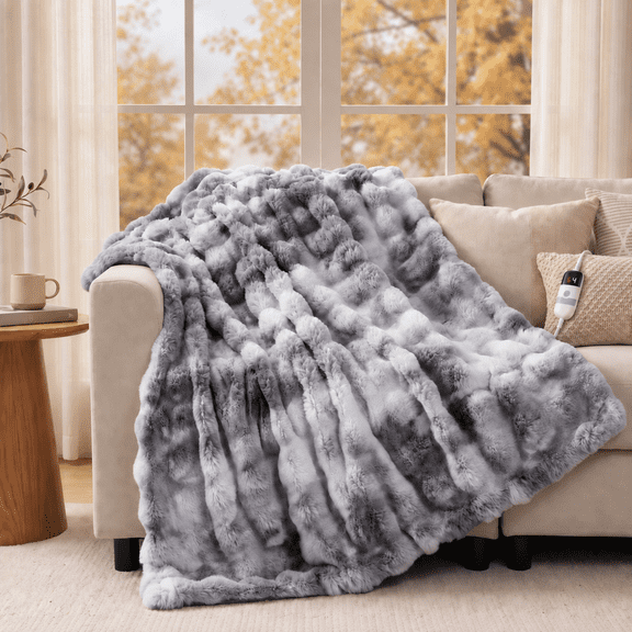 CalFancy Heated Blanket 50" x 60", Luxury Faux Fur Electric Blanket with Bubble Texture, 6 Heat Settings, 4H Timer, Machine Washable, Tie Dye Gray