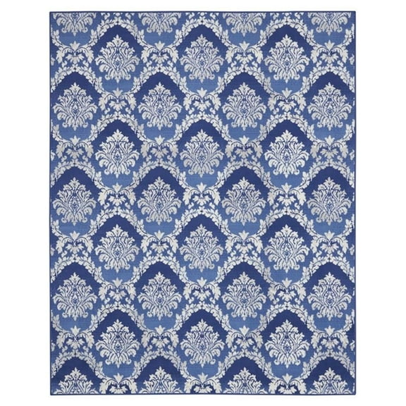 Pemberly Row 96x120" Rectangle Fabric Damask Area Rug in Blue/White