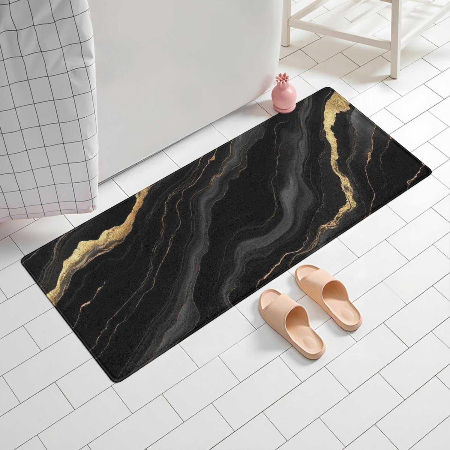 Black Gold Marble Pattern Bathroom Rugs Mat,Non Slip Microfiber Bathroom Rug,Rubber Backing,Soft Bathroom Mats for Bathroom Floor,Tub and Shower,60x24in(150x60cm)
