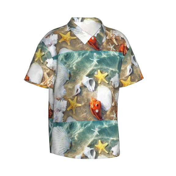 Lsque Seashell On The Beach pattern Hawaiian Shirt for Men, Unisex Summer Beach Casual Short Sleeve Button Down Shirts-Large