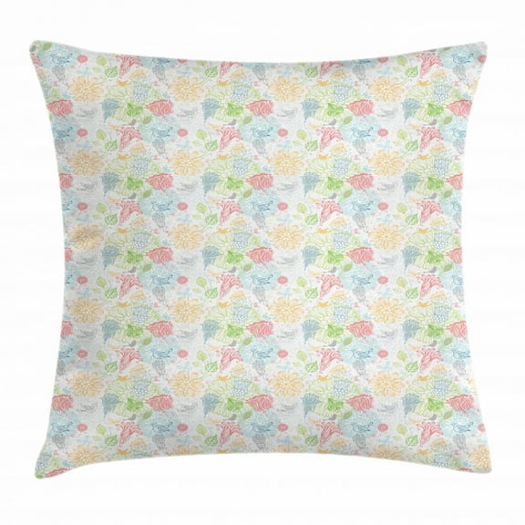 Birds Throw Pillow Cushion Cover, Soft Pastel Colored Damask Stencil Technique Pattern of Spring Flowers and Birds, Decorative Square Accent Pillow Case, 16 X 16 Inches, Multicolor, by Ambesonne