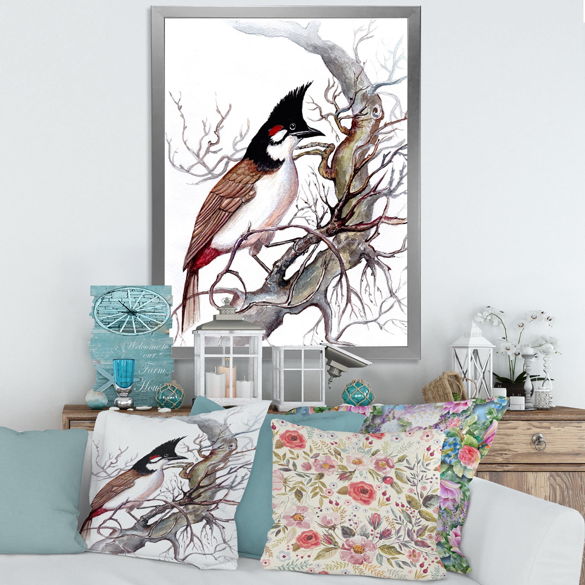 Designart 'Ancient Beautiful Bird On A Branch' Traditional Framed Art Print