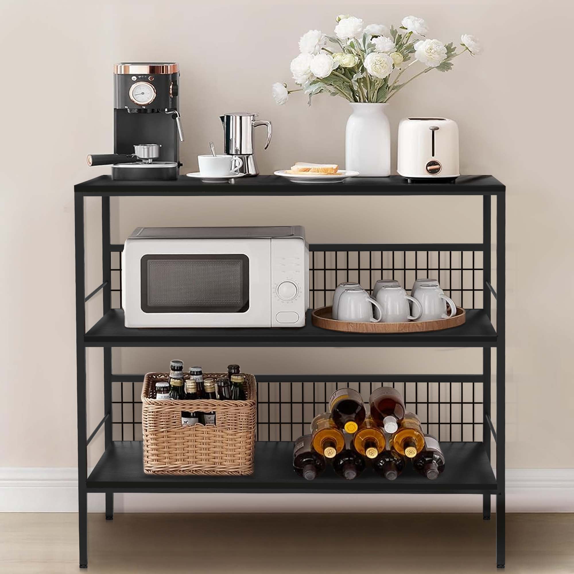 40" Rolling Kitchen Cart Island with Wheels and Storage Shelves, Copedvic 3-Tier Kitchen Bakers Rack Microwave Cart Oven Stand with 10 Hooks, Black
