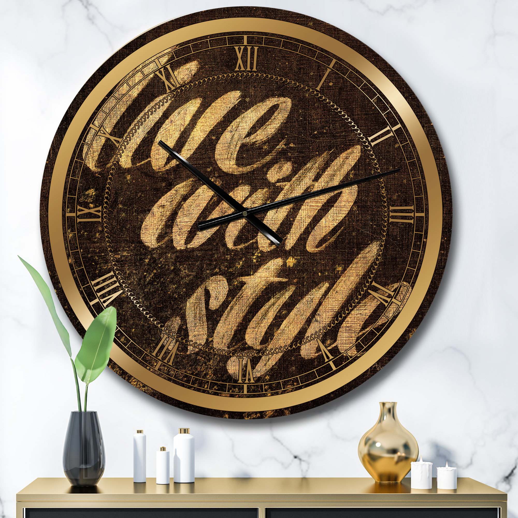 Designart 'Gold Glam Live with Style Quotes' Glam wall clock