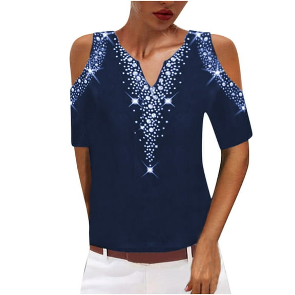 Mittory Womens Cold Shoulder Tops with Sequins V Neck Short Sleeve T Shirts Casual Loose Fit Basic Tee