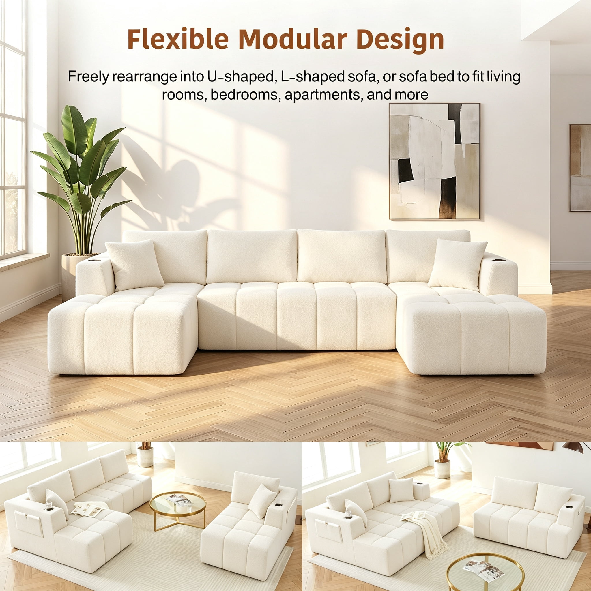 ShiKeyi 132.5" Modern U-Shaped Modular Sectional Sofa with Double Chaise, Premium Chenille Fabric Cloud Couch Set with Cup Holders & Storage Pockets for Living Room, Beige