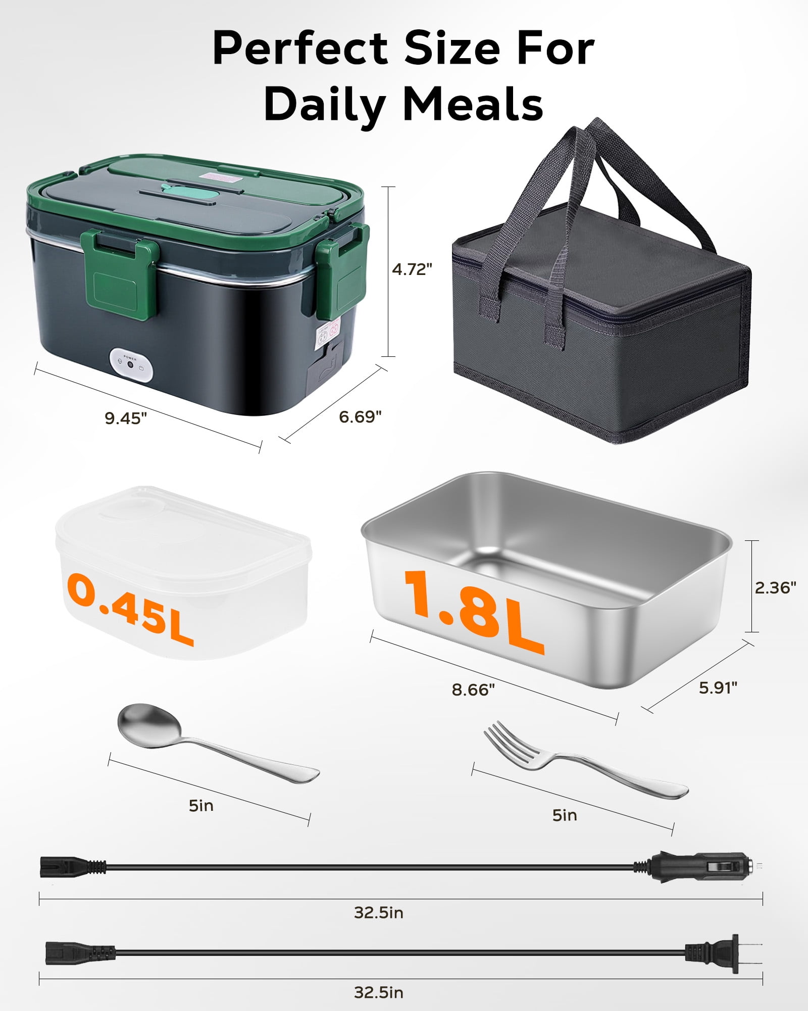 Riousery Electric Lunch Box 1.8L, 60W Portable Food Heater for Car/Truck and Home, Stainless Steel with Fruit Box, Gray Green