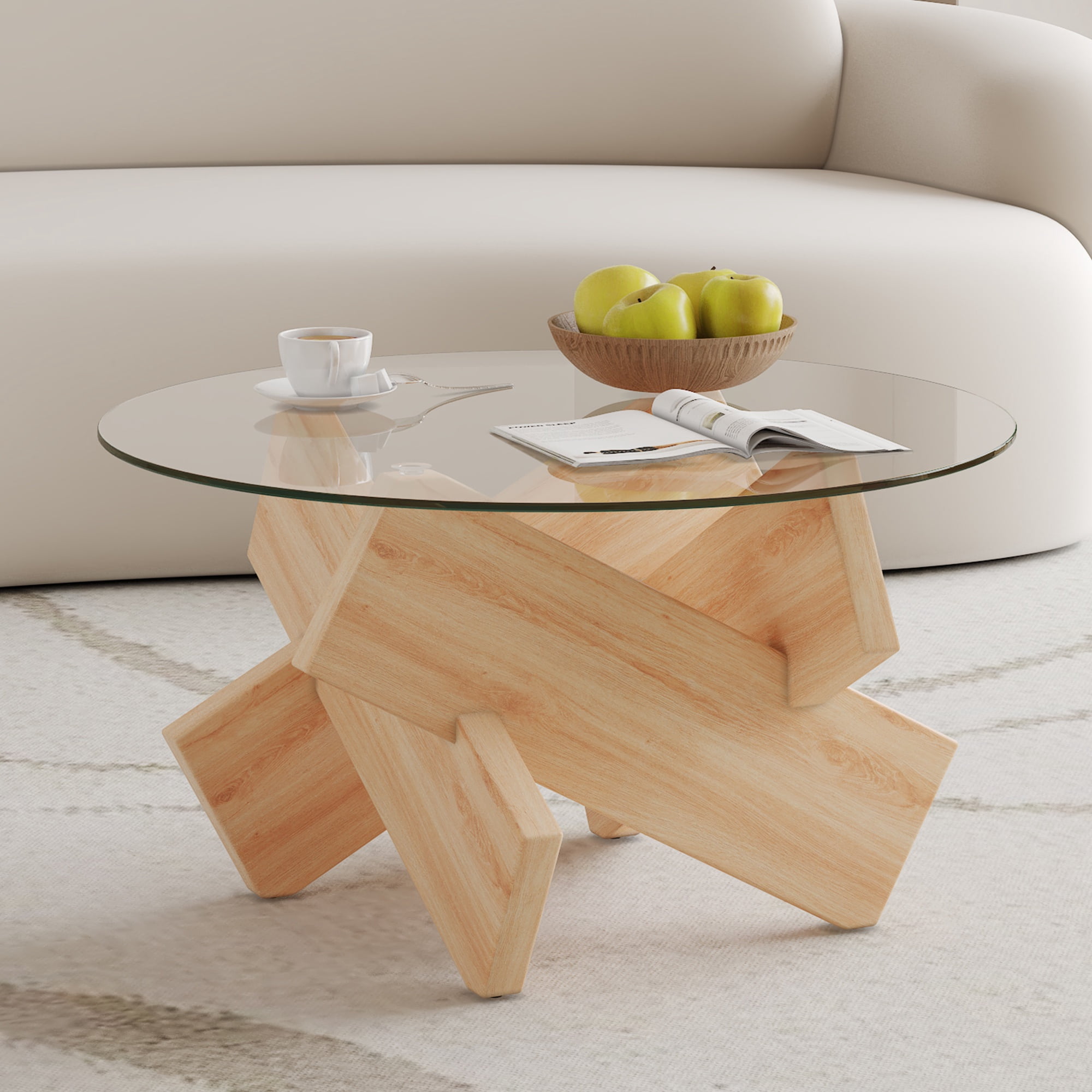 PORKISS Coffee Table, Glass Round Coffee Table for Living Room with Wood Legs, 33.4" Farmhouse Tea Table for Apartments, Reception Rooms, Center Table, Natural Wood