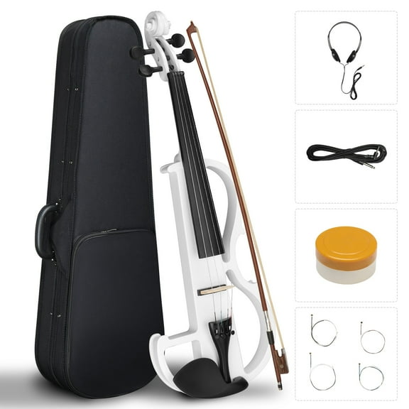 UPPYL Full Size Electric Violin, 4/4 Acoustic Silent Electric Violin for Beginner Adults Teens with Ebony Fittings, Case, Bow, Headphone, Rosin and Extra String (White)