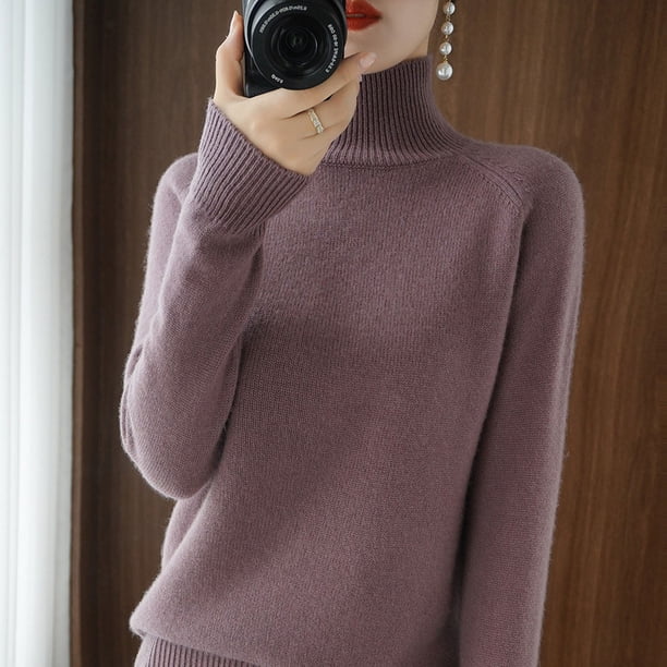 Suéter básico de cuello alto de lana merino, suéter de cachemira informal, cómodo, otoño e invierno, ropa de mujer con mangas raglán