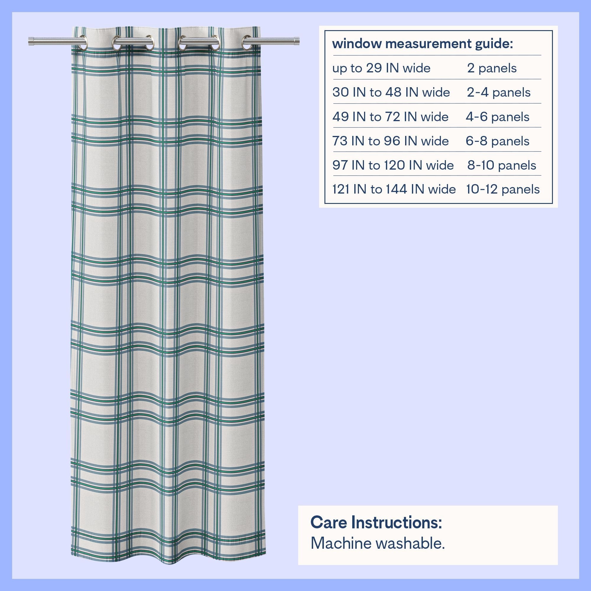 Mainstays Kids White and Blue Plaid Check Light-Filtering Grommet Single Curtain Panel, 38 in W x 63 in L