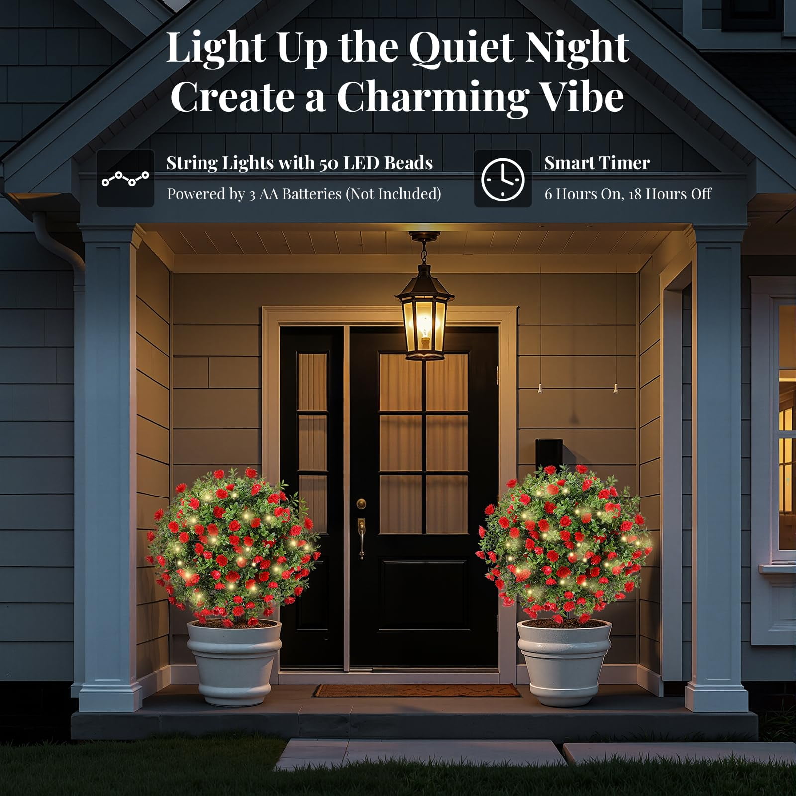 Lewondr Artificial Red Flowers Boxwood Topiary Ball Plants, 2 Pack Fake Plants for Outdoor with LED Lights, Faux Bushes with Ground Spike for Garden, Patio, Porch, Yard Decor