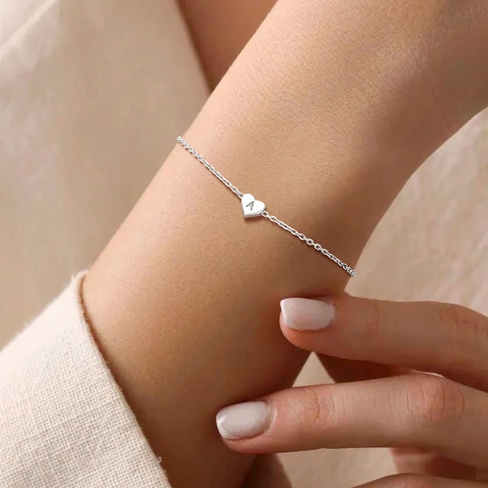 925 Sterling Silver Bracelet for Women with Initial Heart Charm - Letter A