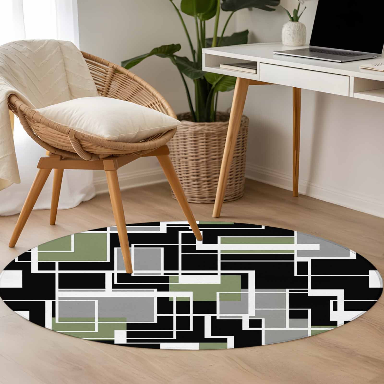 Sage Green Black Geometric Round Area Rug 4Ft Washable Circle Rugs for Bedroom Dining Room, Modern Abstract Art Block Non-Slip Carpet Floor Mats Indoor Outdoor Carpet Runner Aesthetic Home Decor