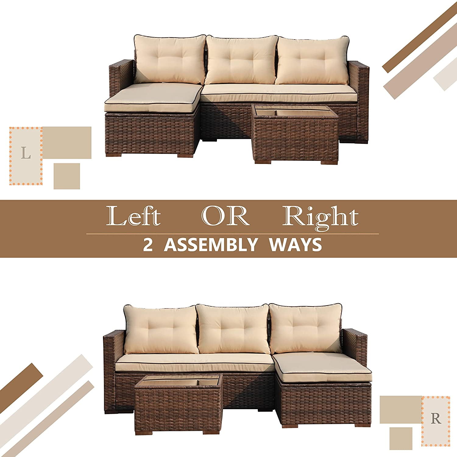 JOIVI 3 Pieces Patio Conversation Set, PE Wicker Rattan Outdoor Furniture Set, 2 Ways Small Sectional Sofa with Cushions, Tempered Glass Coffee Table, Beige