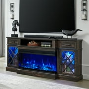 KeyWhat Farmhouse 3-Sided Fireplace TV Stand for 80 TVs, 70 Entertainment Center with Electric Fireplace and Storage Drawers, Dark Rustic Oak
