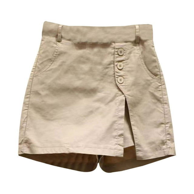 Pantalones cortos informales de mujer de mezcla de lino con cintura alta y abertura lateral - Cintura elástica y ligeros para el verano