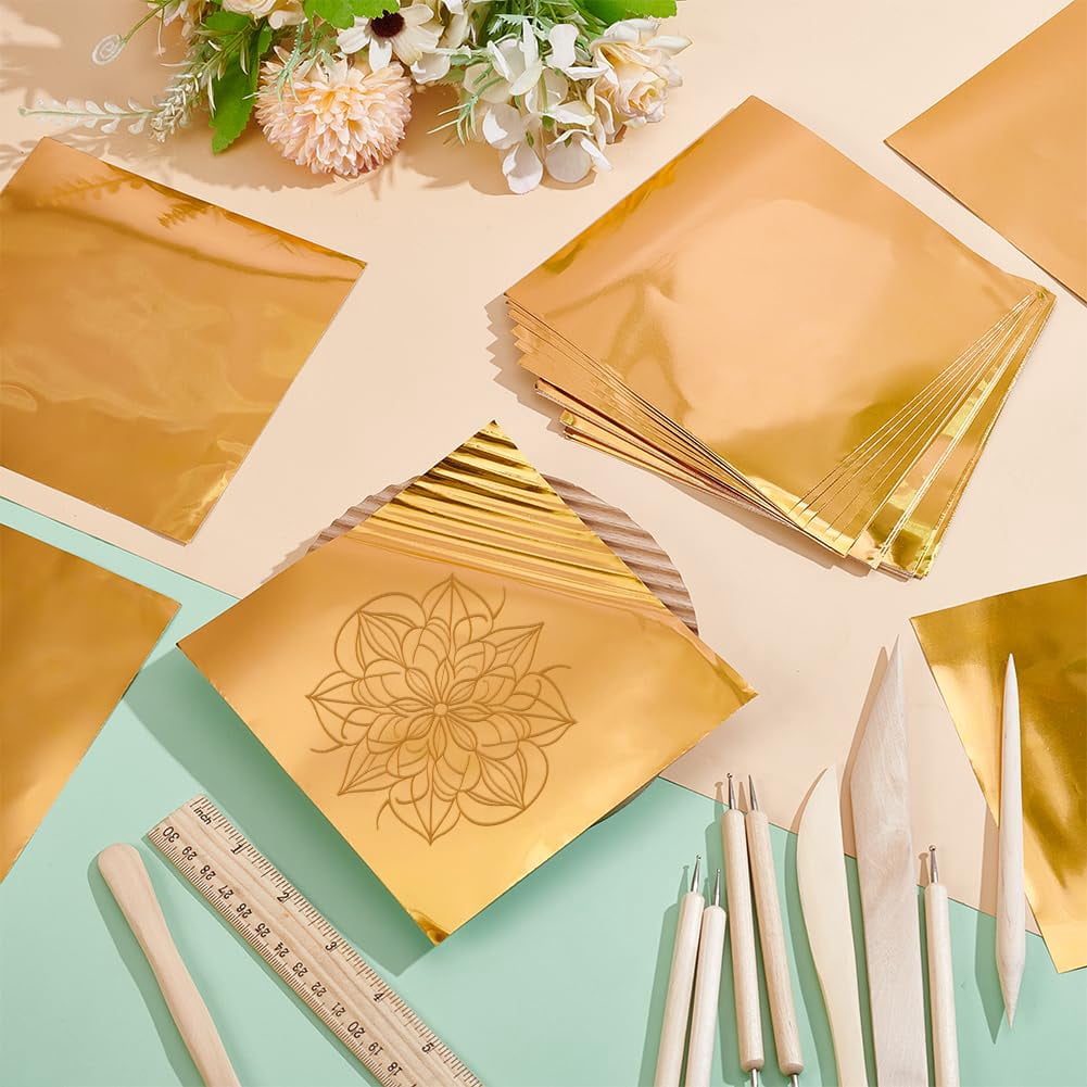 100 Sheets Heavy Duty Aluminum Foil Sheet 6 x 6 inch Gold Flashing Square Tin Foil Heavy Duty Board