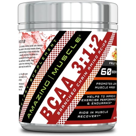 Amazing Muscle BCAA 3-1-2-60 Servings with Enhanced Chain Amino Acids Like L-Leucine, L-Valine, L-Isoleucine and More-Promotes Lean Muscle Mass-Helps to Improve Exercise Performance(Fruit Punch)