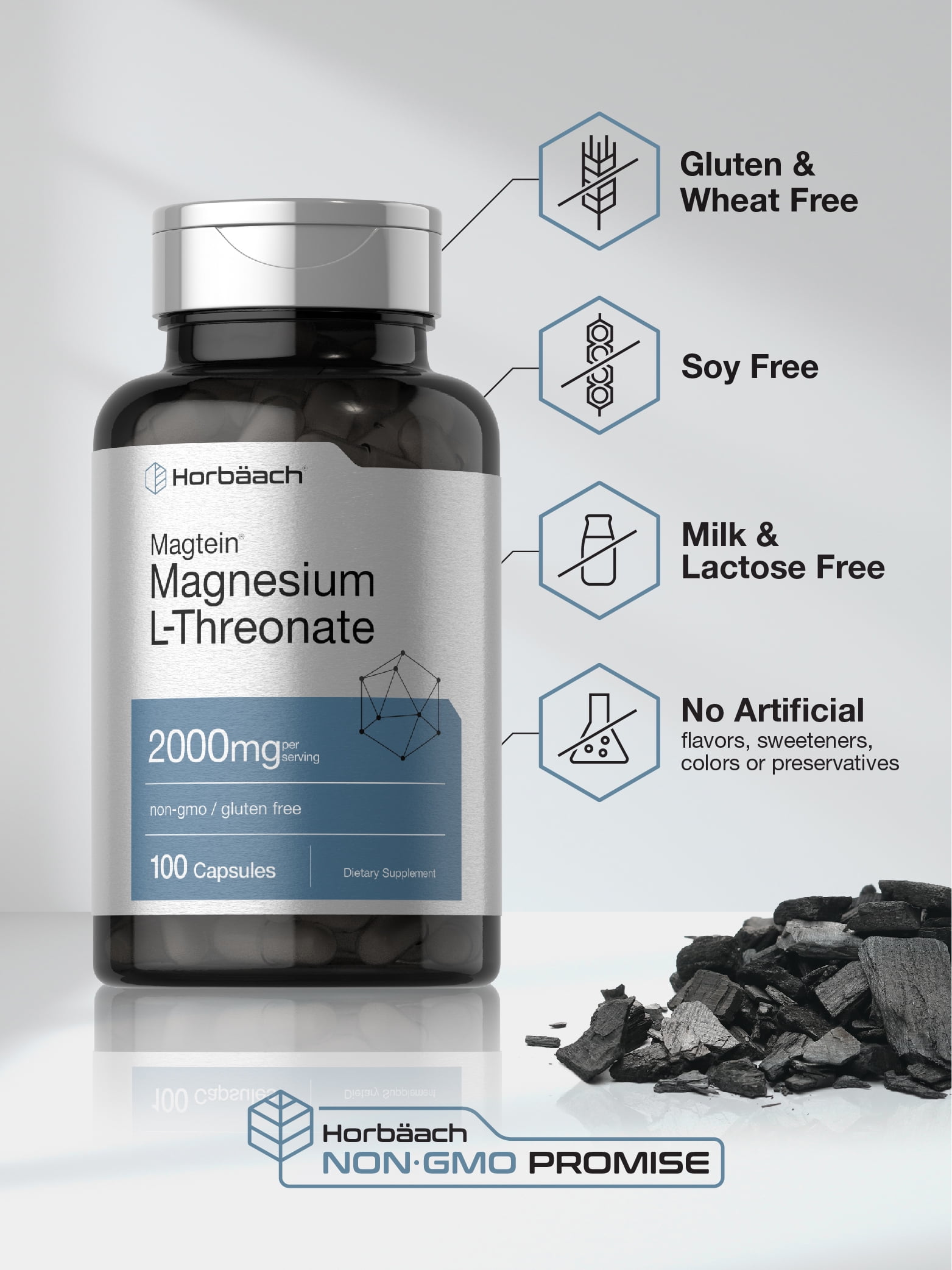 Magtein Magnesium L-Threonate Supplement for Men and Women | 2000mg | 100 Capsules | by Horbaach