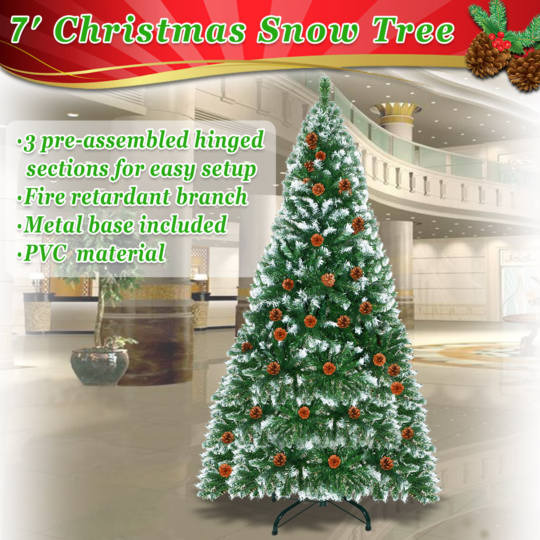 Strong Camel Frosted Sweet Pine Artificial Christmas Tree Decorated with Pine Cones New Xmas Holiday Decoration (7' with 1003 Tips and 39 pinecones)