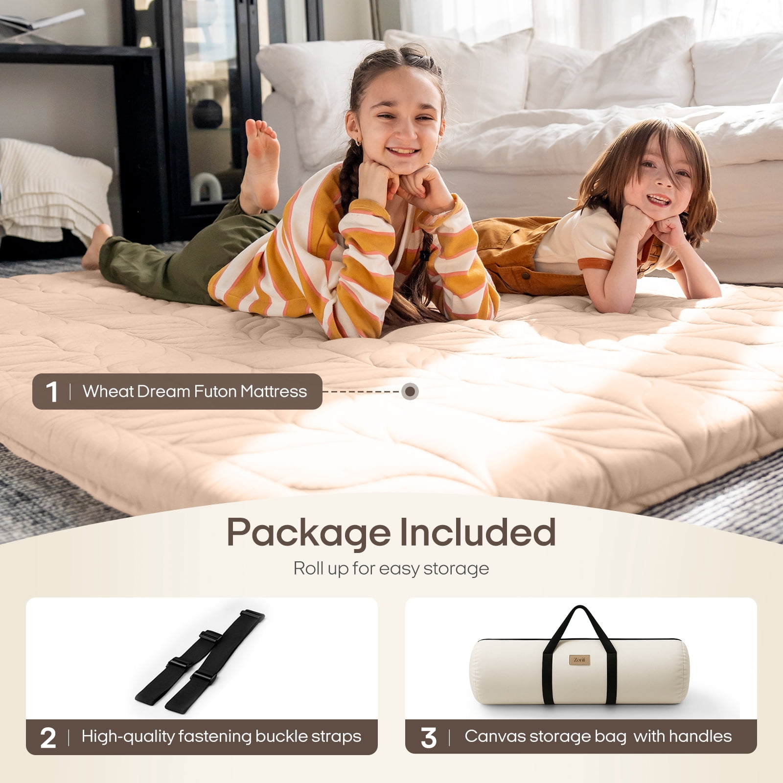 Zonli Japanese Floor Mattress Futon, Foldable Tatami Mat with Cotton Cover, Queen 80"x60", Coffee