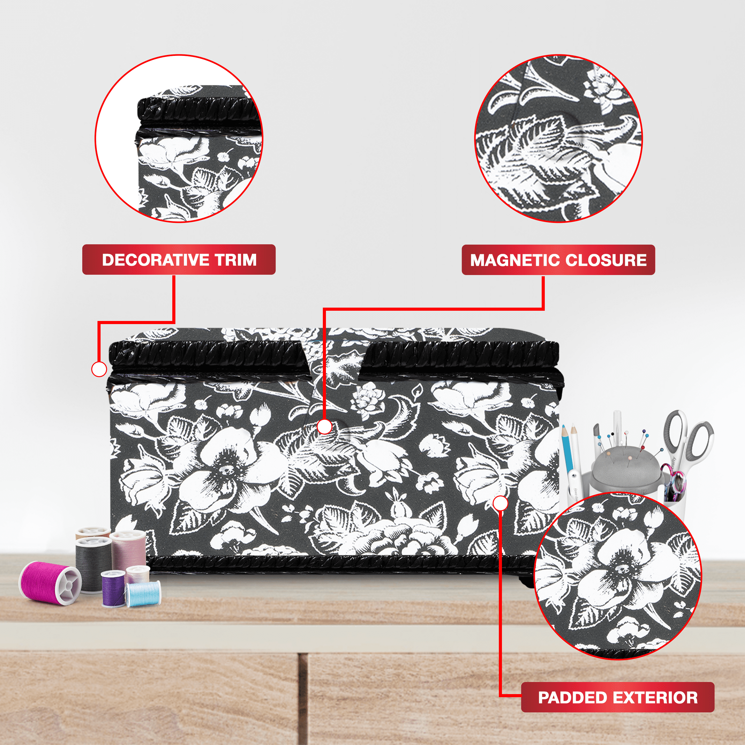 SINGER Sewing Basket with Notions Storage, Black and White Floral Print